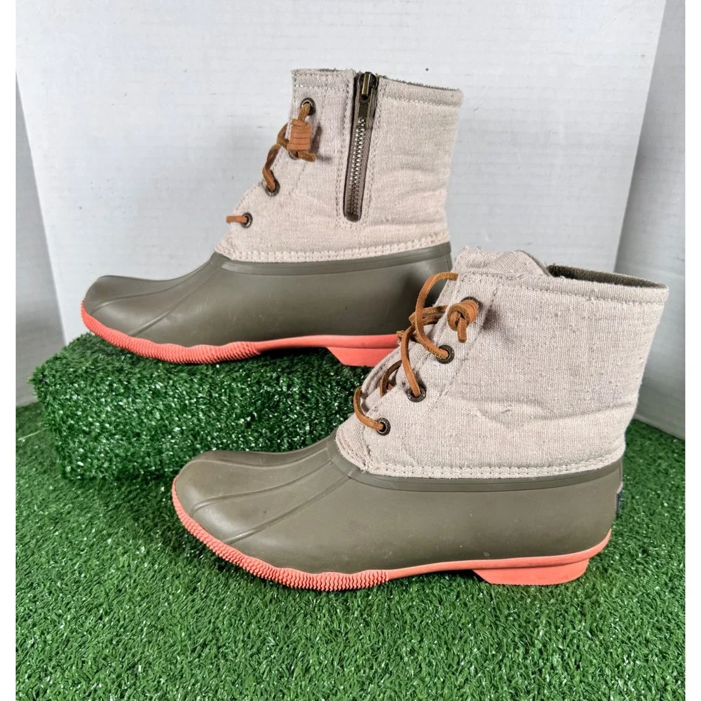 Sperry Saltwater Duck Boots Womens 8.5 Olive Green Beige Canvas Coral STS95346